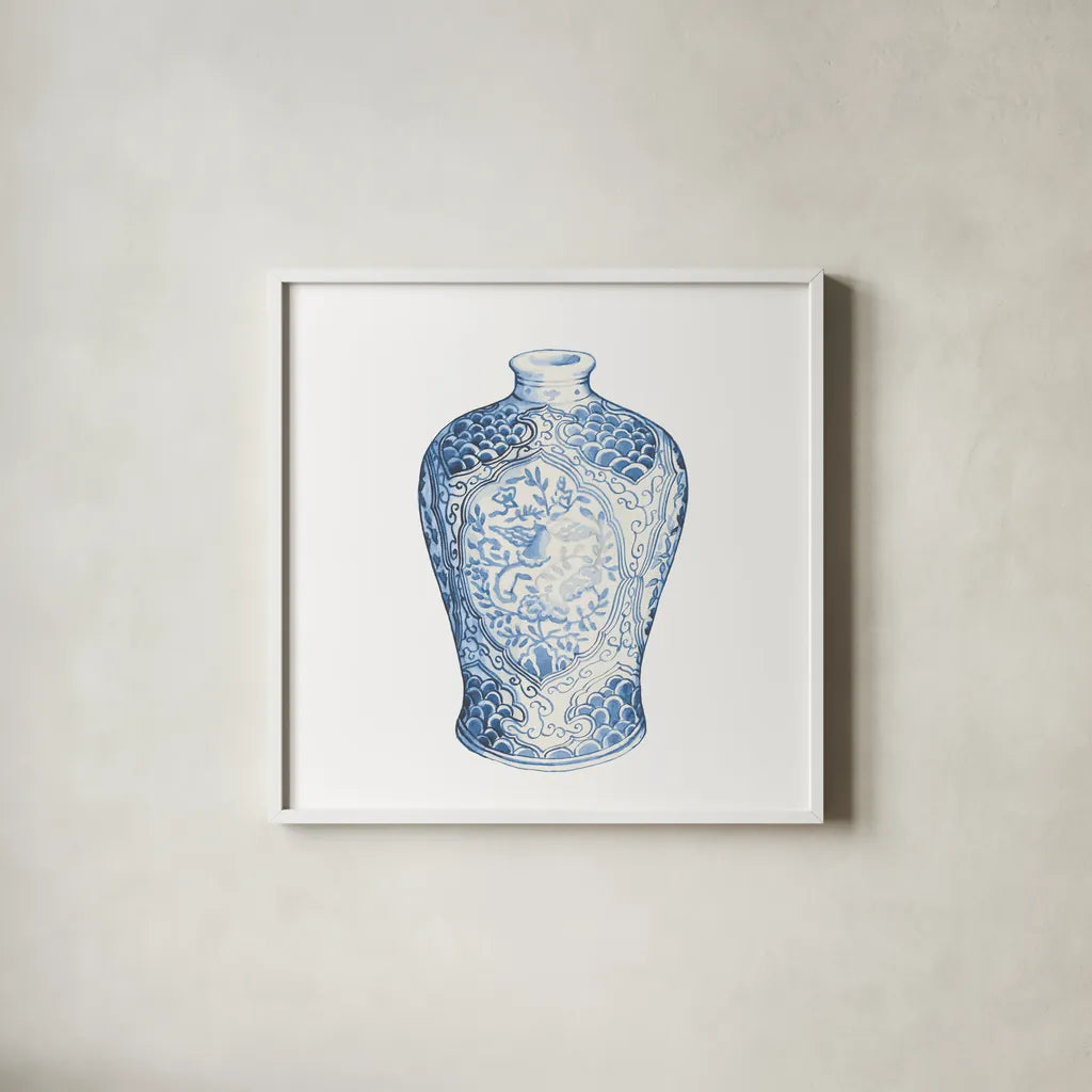 Ginger Jar I on White by Wild Apple Portfolio. Shown in a crisp white glass frame for a clean and minimalist style. Available as an archival giclee rolled canvas, fine art paper, or poster print. SKU 41837a.