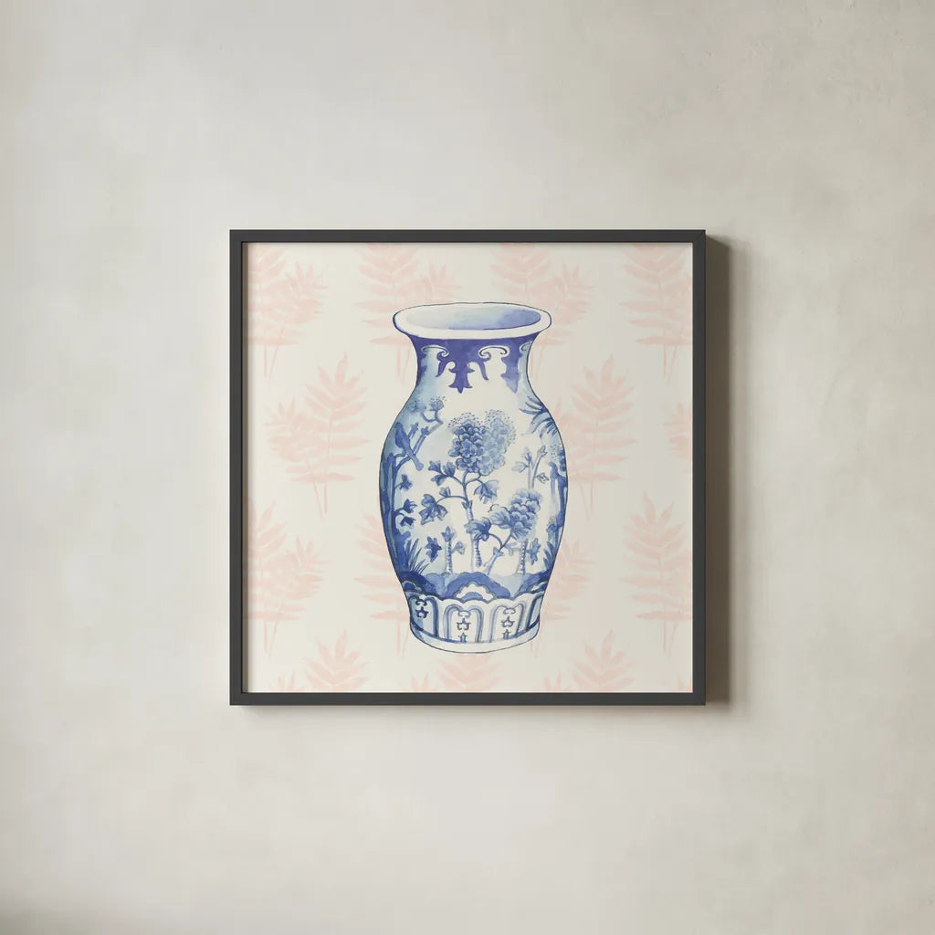 Ginger Jar II Coral No Border by Wild Apple Portfolio. Shown in a sleek black glass frame for a contemporary gallery look. Available as an archival giclee rolled canvas, fine art paper, or poster print. SKU 51758a.