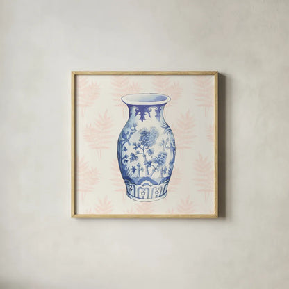 Ginger Jar II Coral No Border by Wild Apple Portfolio. Shown in a natural wood glass frame for a timeless modern aesthetic. Available as an archival giclee rolled canvas, fine art paper, or poster print. SKU 51758a.