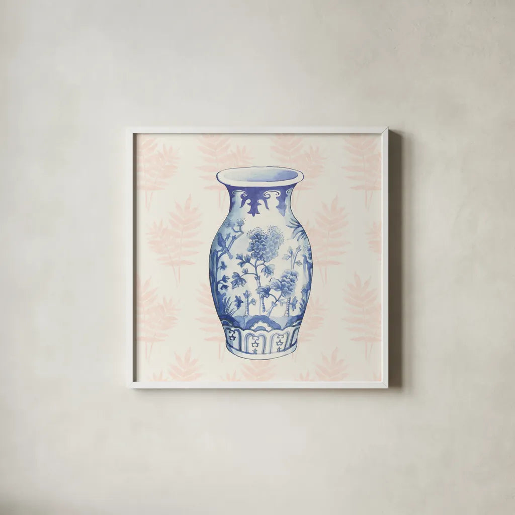 Ginger Jar II Coral No Border by Wild Apple Portfolio. Shown in a crisp white glass frame for a clean and minimalist style. Available as an archival giclee rolled canvas, fine art paper, or poster print. SKU 51758a.