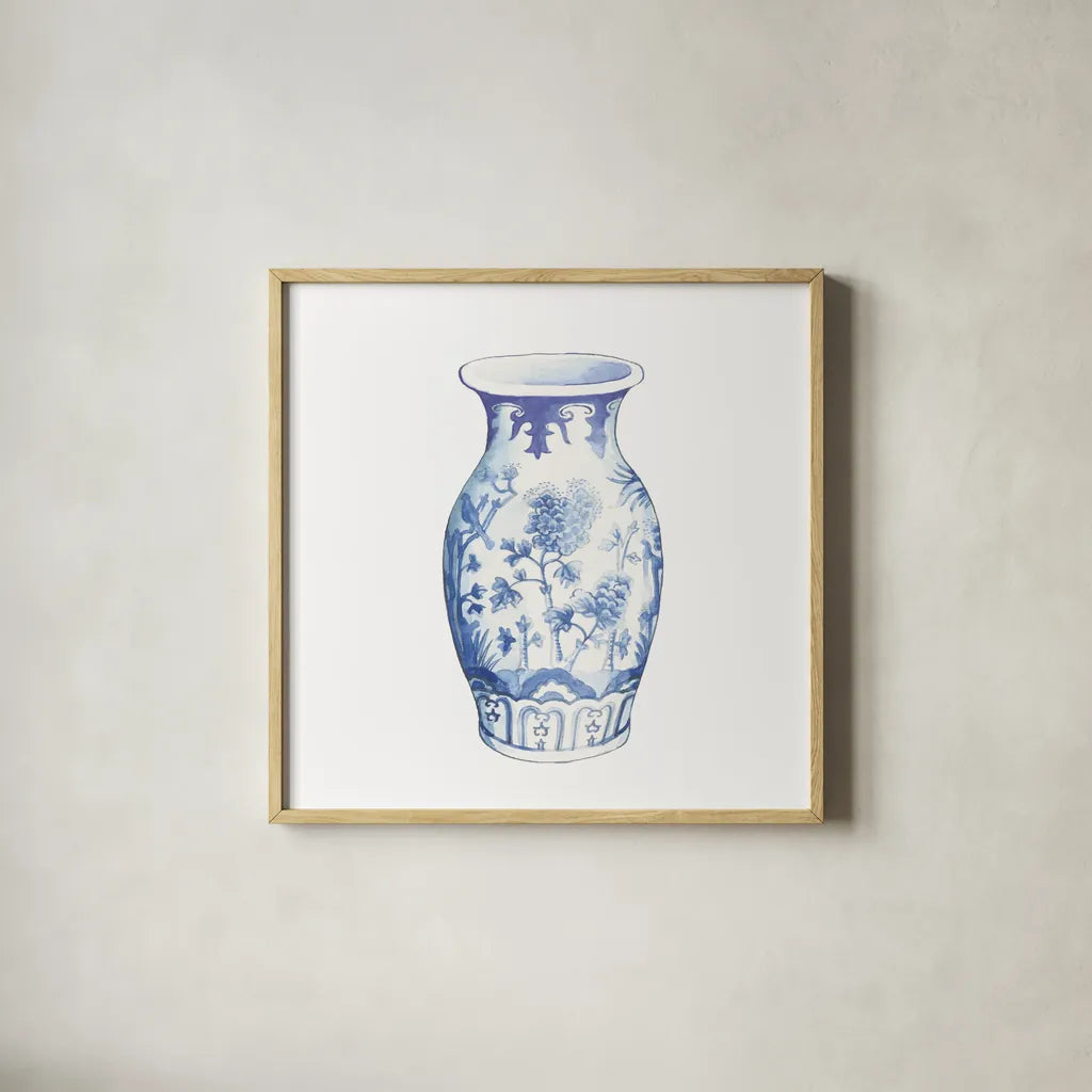 Ginger Jar II on White by Wild Apple Portfolio. Shown in a natural wood glass frame for a timeless modern aesthetic. Available as an archival giclee rolled canvas, fine art paper, or poster print. SKU 41838a.