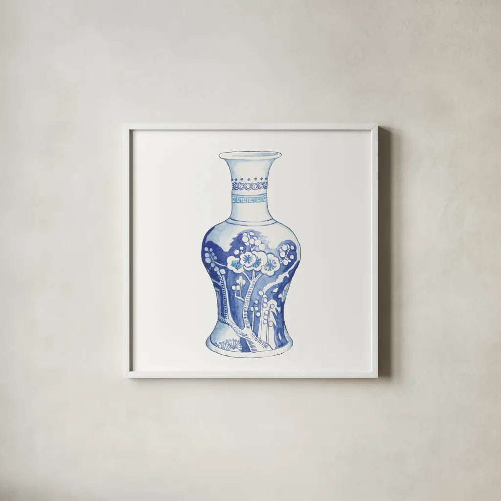 Ginger Jar III on White by Wild Apple Portfolio. Shown in a crisp white glass frame for a clean and minimalist style. Available as an archival giclee rolled canvas, fine art paper, or poster print. SKU 41839a.