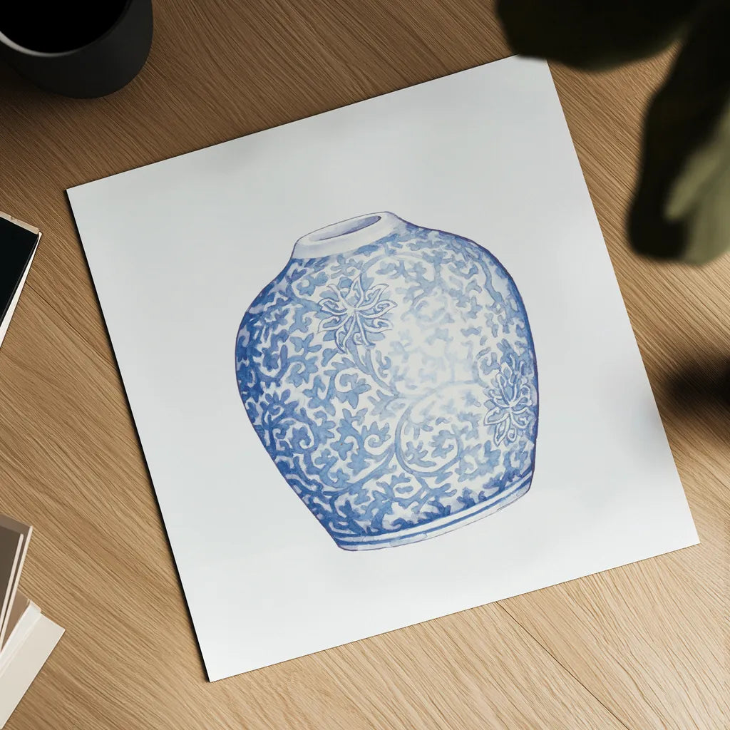 Ginger Jar V on White by Wild Apple Portfolio. Shown as a detailed flat fine art print, highlighting archival giclee quality. Available as an archival giclee rolled canvas, fine art paper, or poster print. SKU 41841a.