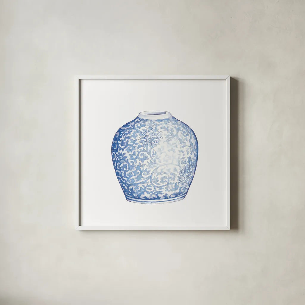 Ginger Jar V on White by Wild Apple Portfolio. Shown in a crisp white glass frame for a clean and minimalist style. Available as an archival giclee rolled canvas, fine art paper, or poster print. SKU 41841a.