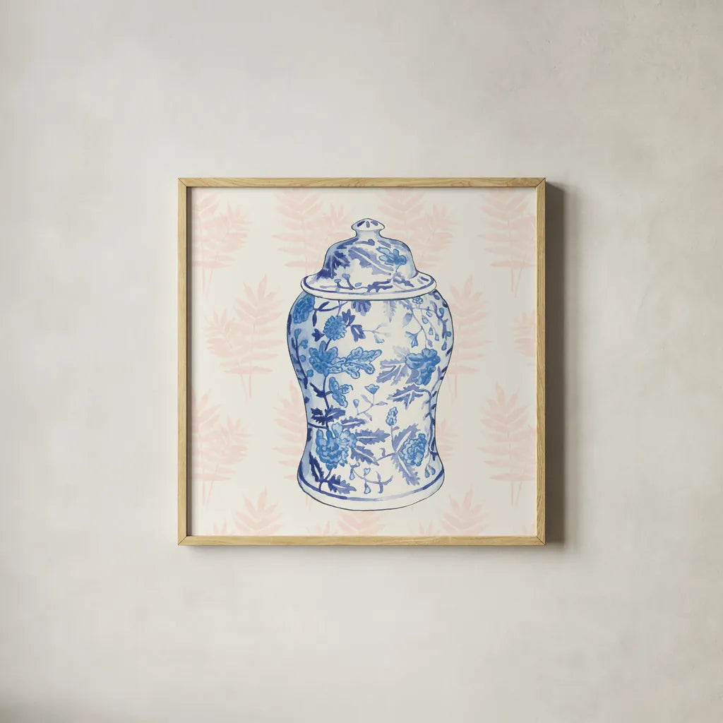 Ginger Jar VI Coral No Border by Wild Apple Portfolio. Shown in a natural wood glass frame for a timeless modern aesthetic. Available as an archival giclee rolled canvas, fine art paper, or poster print. SKU 51759a.