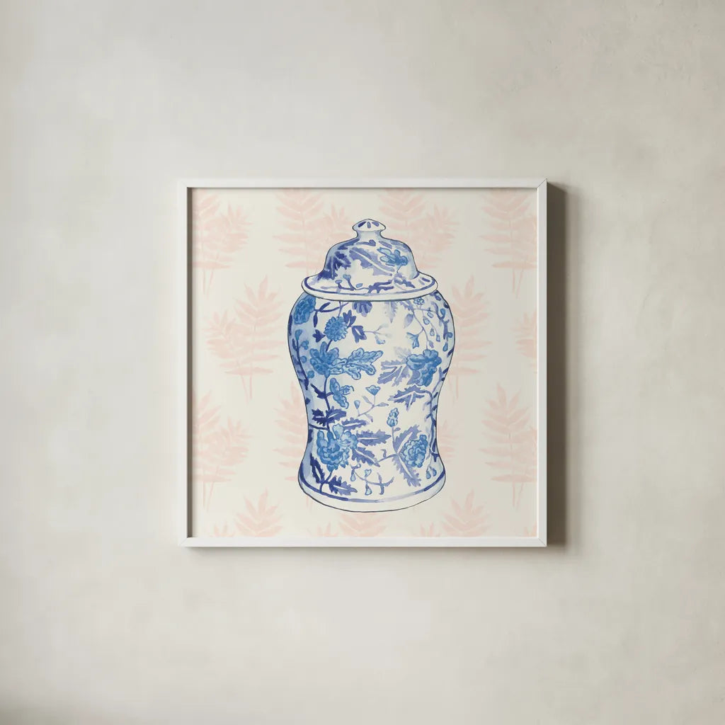 Ginger Jar VI Coral No Border by Wild Apple Portfolio. Shown in a crisp white glass frame for a clean and minimalist style. Available as an archival giclee rolled canvas, fine art paper, or poster print. SKU 51759a.