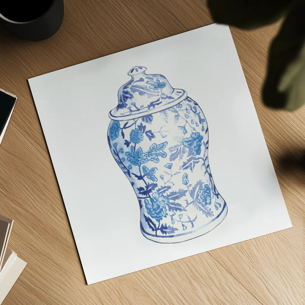 Ginger Jar VI on White by Wild Apple Portfolio. Shown as a detailed flat fine art print, highlighting archival giclee quality. Available as an archival giclee rolled canvas, fine art paper, or poster print. SKU 41842a.