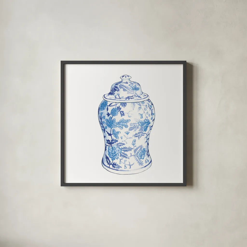 Ginger Jar VI on White by Wild Apple Portfolio. Shown in a sleek black glass frame for a contemporary gallery look. Available as an archival giclee rolled canvas, fine art paper, or poster print. SKU 41842a.