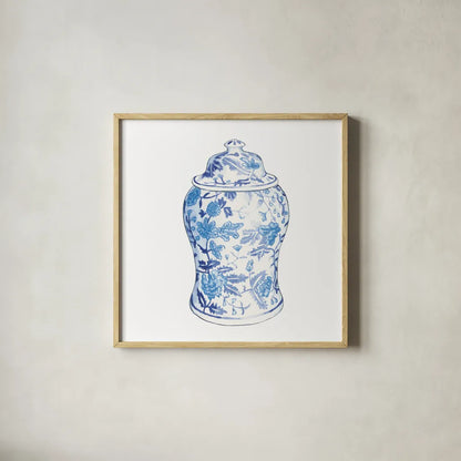 Ginger Jar VI on White by Wild Apple Portfolio. Shown in a natural wood glass frame for a timeless modern aesthetic. Available as an archival giclee rolled canvas, fine art paper, or poster print. SKU 41842a.