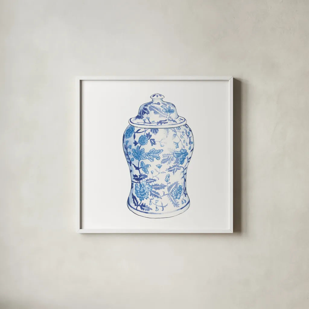 Ginger Jar VI on White by Wild Apple Portfolio. Shown in a crisp white glass frame for a clean and minimalist style. Available as an archival giclee rolled canvas, fine art paper, or poster print. SKU 41842a.