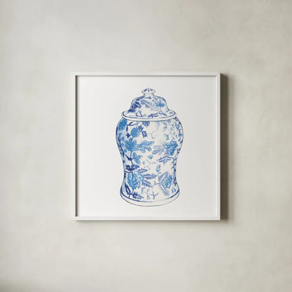 Ginger Jar VI on White by Wild Apple Portfolio. Shown in a crisp white glass frame for a clean and minimalist style. Available as an archival giclee rolled canvas, fine art paper, or poster print. SKU 41842a.