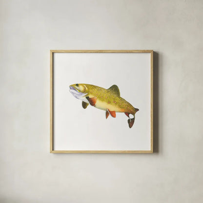 Gone Fishin Brookie by Wild Apple Portfolio. Shown in a natural wood glass frame for a timeless modern aesthetic. Available as an archival giclee rolled canvas, fine art paper, or poster print. SKU 34832a.