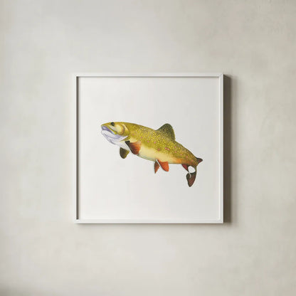 Gone Fishin Brookie by Wild Apple Portfolio. Shown in a crisp white glass frame for a clean and minimalist style. Available as an archival giclee rolled canvas, fine art paper, or poster print. SKU 34832a.