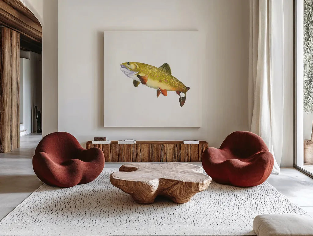 Gone Fishin Brookie by Wild Apple Portfolio. Shown as extra-large giant wall art in a modern living room. Available as an archival giclee rolled canvas, fine art paper, or poster print. SKU 34832a.
