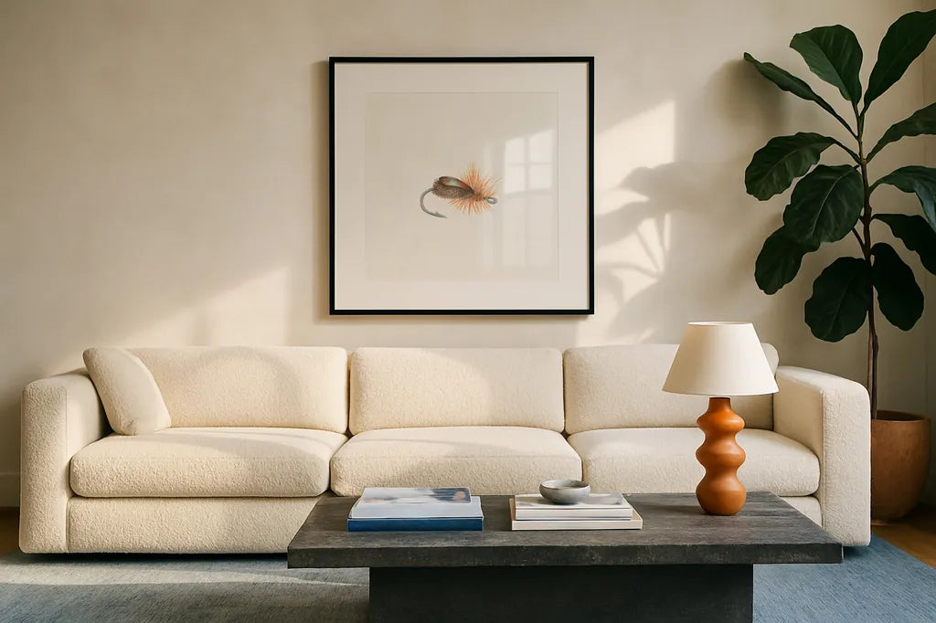 Gone Fishin II by Wild Apple Portfolio. Displayed in a glass frame with matte in a clean modern living room. Available as an archival giclee rolled canvas, fine art paper, or poster print. SKU 31880a.
