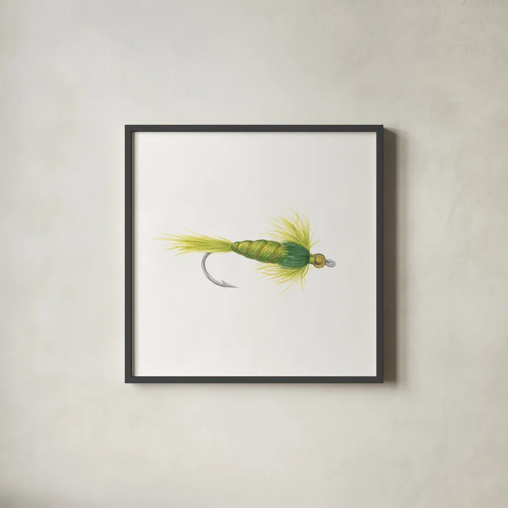 Gone Fishin IV by Wild Apple Portfolio. Shown in a sleek black glass frame for a contemporary gallery look. Available as an archival giclee rolled canvas, fine art paper, or poster print. SKU 31882a.