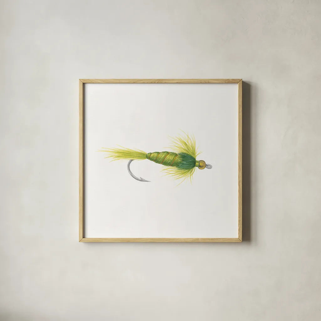 Gone Fishin IV by Wild Apple Portfolio. Shown in a natural wood glass frame for a timeless modern aesthetic. Available as an archival giclee rolled canvas, fine art paper, or poster print. SKU 31882a.