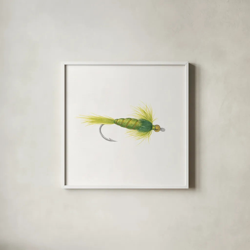 Gone Fishin IV by Wild Apple Portfolio. Shown in a crisp white glass frame for a clean and minimalist style. Available as an archival giclee rolled canvas, fine art paper, or poster print. SKU 31882a.