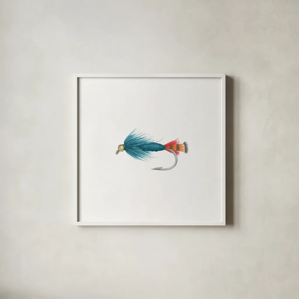 Gone Fishin IX by Wild Apple Portfolio. Shown in a crisp white glass frame for a clean and minimalist style. Available as an archival giclee rolled canvas, fine art paper, or poster print. SKU 31887a.
