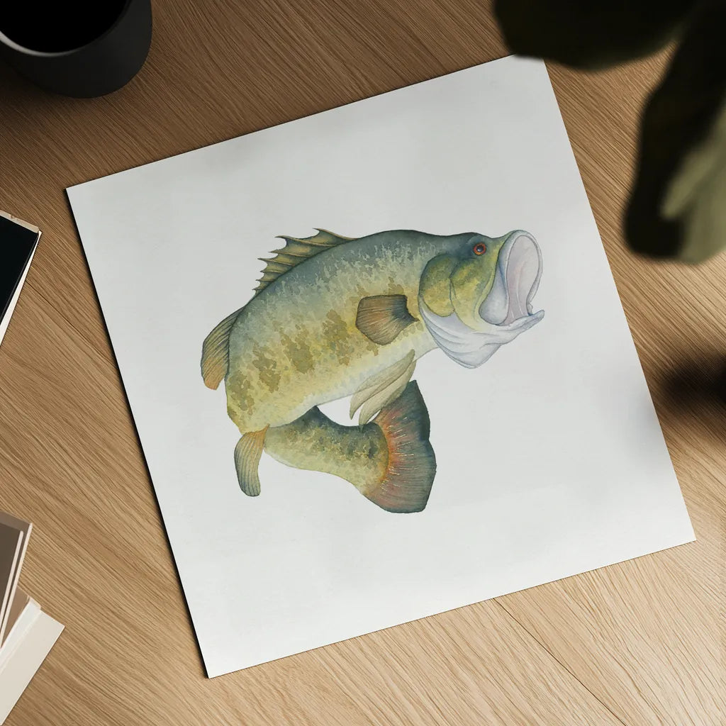 Gone Fishin Large Mouth by Wild Apple Portfolio. Shown as a detailed flat fine art print, highlighting archival giclee quality. Available as an archival giclee rolled canvas, fine art paper, or poster print. SKU 34831a.