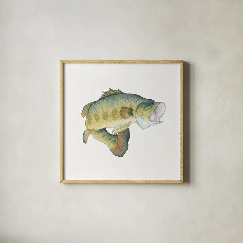 Gone Fishin Large Mouth by Wild Apple Portfolio. Shown in a natural wood glass frame for a timeless modern aesthetic. Available as an archival giclee rolled canvas, fine art paper, or poster print. SKU 34831a.