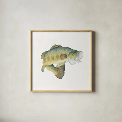 Gone Fishin Large Mouth by Wild Apple Portfolio. Shown in a natural wood glass frame for a timeless modern aesthetic. Available as an archival giclee rolled canvas, fine art paper, or poster print. SKU 34831a.