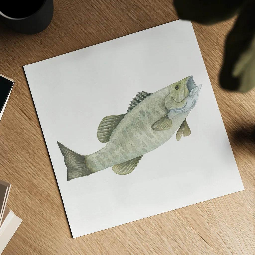 Gone Fishin Small Mouth by Wild Apple Portfolio. Shown as a detailed flat fine art print, highlighting archival giclee quality. Available as an archival giclee rolled canvas, fine art paper, or poster print. SKU 34833a.