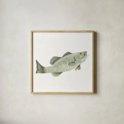Gone Fishin Small Mouth by Wild Apple Portfolio. Shown in a natural wood glass frame for a timeless modern aesthetic. Available as an archival giclee rolled canvas, fine art paper, or poster print. SKU 34833a.