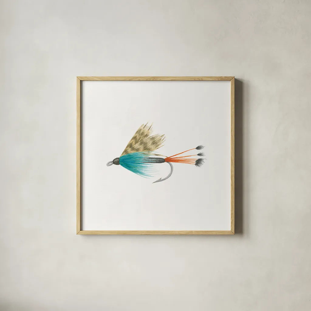 Gone Fishin V by Wild Apple Portfolio. Shown in a natural wood glass frame for a timeless modern aesthetic. Available as an archival giclee rolled canvas, fine art paper, or poster print. SKU 31883a.