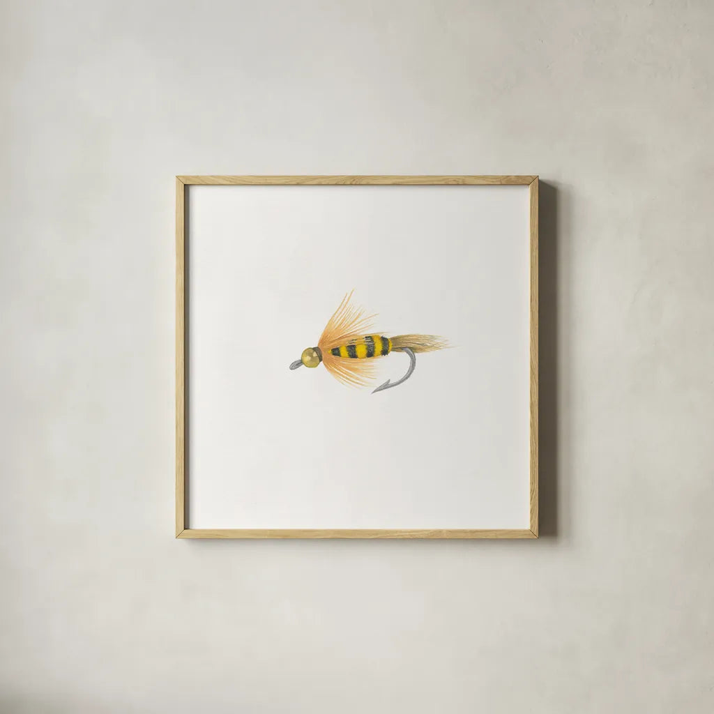 Gone Fishin VII by Wild Apple Portfolio. Shown in a natural wood glass frame for a timeless modern aesthetic. Available as an archival giclee rolled canvas, fine art paper, or poster print. SKU 31885a.