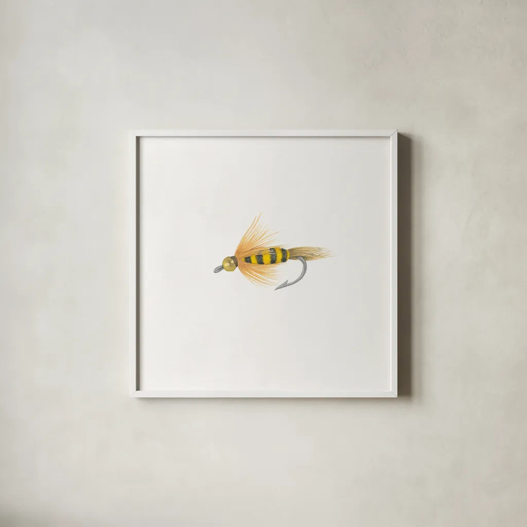 Gone Fishin VII by Wild Apple Portfolio. Shown in a crisp white glass frame for a clean and minimalist style. Available as an archival giclee rolled canvas, fine art paper, or poster print. SKU 31885a.