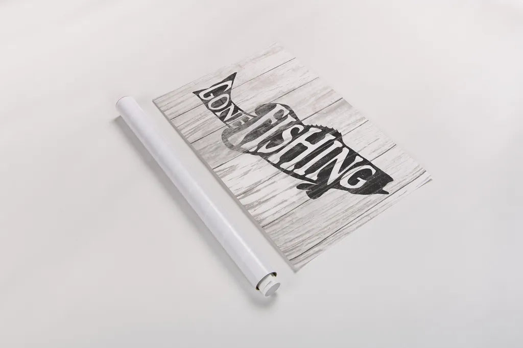 Gone Fishing Sign by Wild Apple Portfolio. shown as a rolled paper print. Available as archival giclee rolled canvas, fine art paper, or poster print. SKU 72461i.