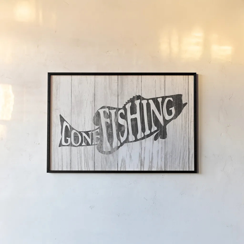 Gone Fishing Sign by Wild Apple Portfolio. shown as a paper print in a black flame. Available as a archival giclee rolled canvas, fine art paper, or poster print. SKU 72461i.