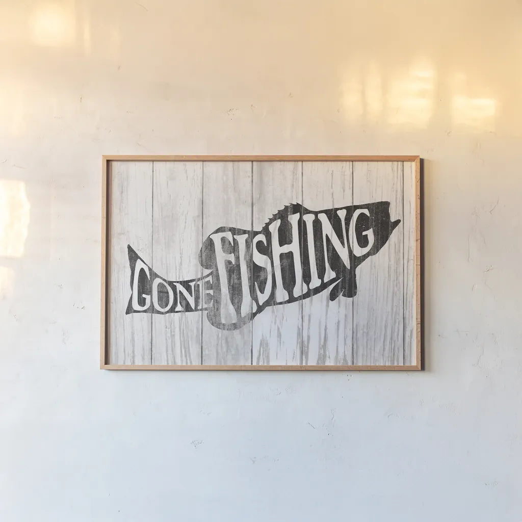 Gone Fishing Sign by Wild Apple Portfolio. shown as a paper print in a natural frame. Available as a archival giclee rolled canvas, fine art paper, or poster print. SKU 72461i.