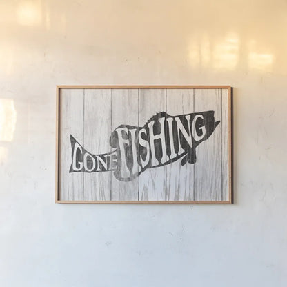 Gone Fishing Sign by Wild Apple Portfolio. shown as a paper print in a natural frame. Available as a archival giclee rolled canvas, fine art paper, or poster print. SKU 72461i.