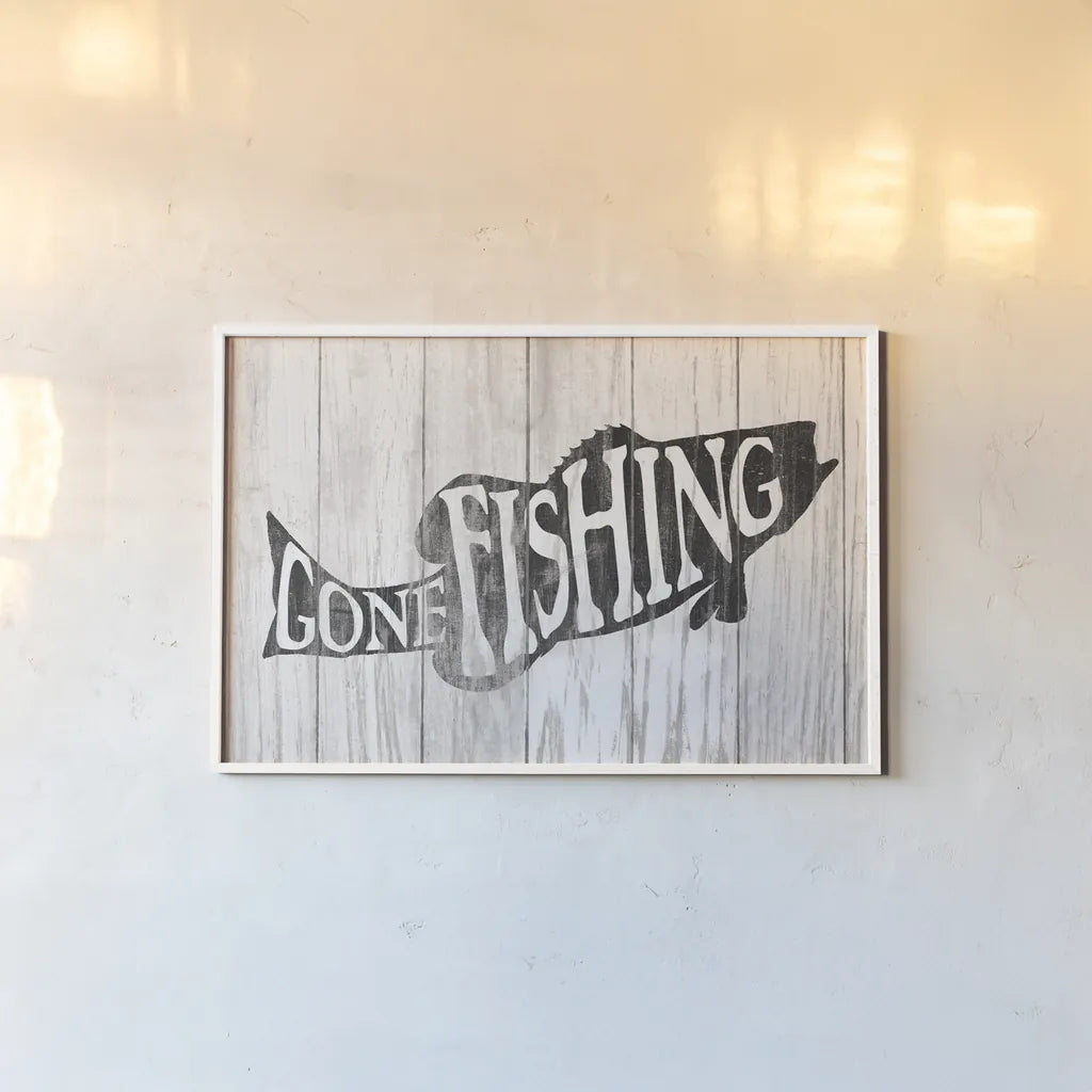 Gone Fishing Sign by Wild Apple Portfolio. shown as a paper print in a white frame. Available as a archival giclee rolled canvas, fine art paper, or poster print. SKU 72461i.