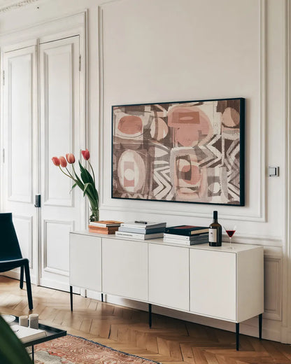 Graphic Abstract III Blush by Wild Apple Portfolio. shown as a framed stretched canvas in a living room above a console. Available as a archival giclee rolled canvas, fine art paper, or poster print. SKU 82382i.