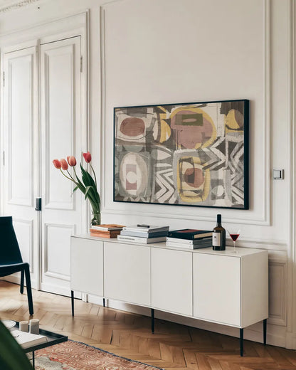 Graphic Abstract III Sunbaked by Wild Apple Portfolio. shown as a framed stretched canvas in a living room above a console. Available as a archival giclee rolled canvas, fine art paper, or poster print. SKU 52116i.