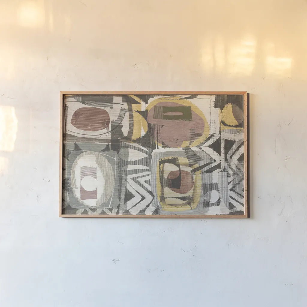 Graphic Abstract III Sunbaked by Wild Apple Portfolio. shown as a paper print in a natural frame. Available as a archival giclee rolled canvas, fine art paper, or poster print. SKU 52116i.