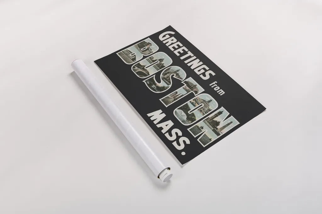 Greetings from Boston by Wild Apple Portfolio. shown as a rolled paper print. Available as archival giclee rolled canvas, fine art paper, or poster print. SKU 89471i.