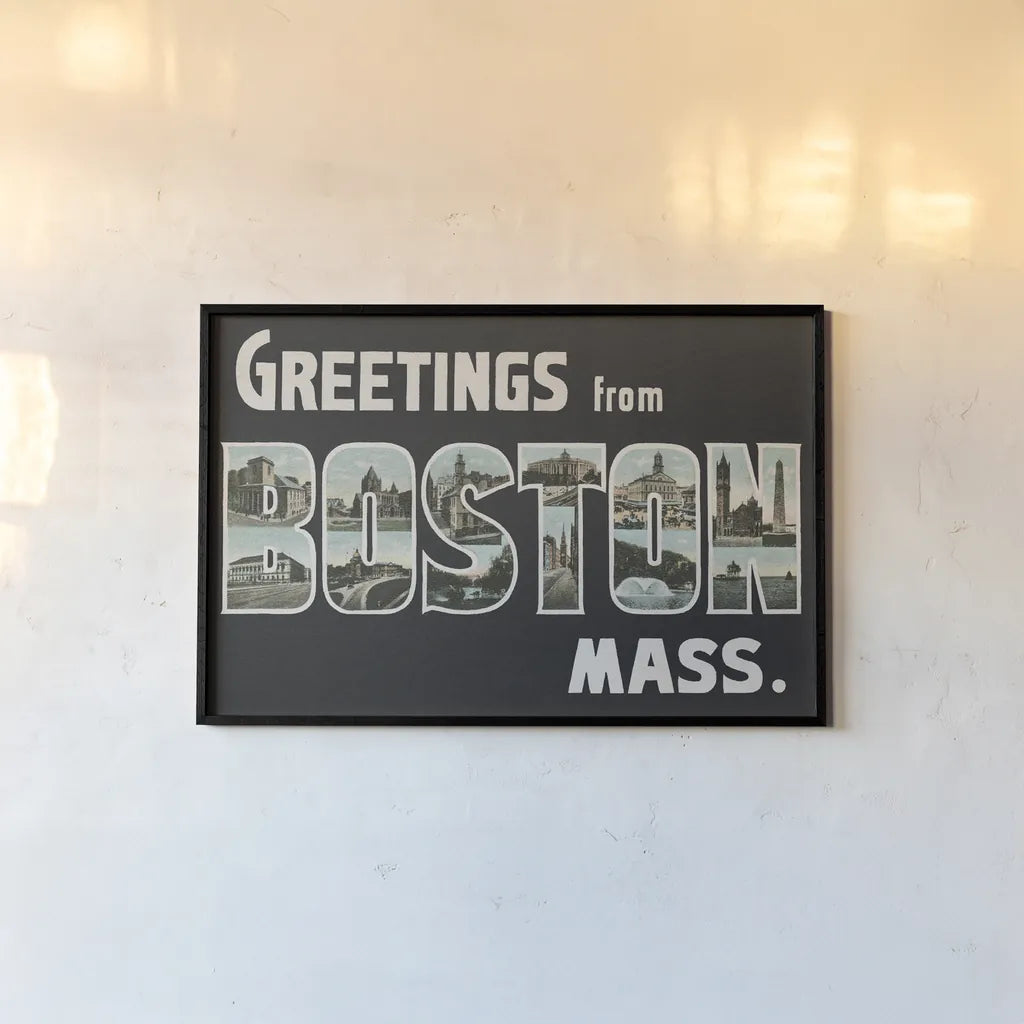 Greetings from Boston by Wild Apple Portfolio. shown as a paper print in a black flame. Available as a archival giclee rolled canvas, fine art paper, or poster print. SKU 89471i.