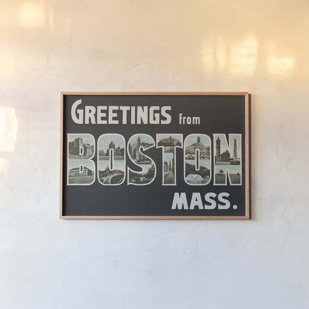 Greetings from Boston by Wild Apple Portfolio. shown as a paper print in a natural frame. Available as a archival giclee rolled canvas, fine art paper, or poster print. SKU 89471i.