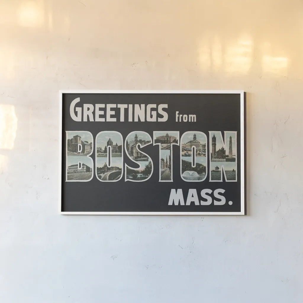 Greetings from Boston by Wild Apple Portfolio. shown as a paper print in a white frame. Available as a archival giclee rolled canvas, fine art paper, or poster print. SKU 89471i.
