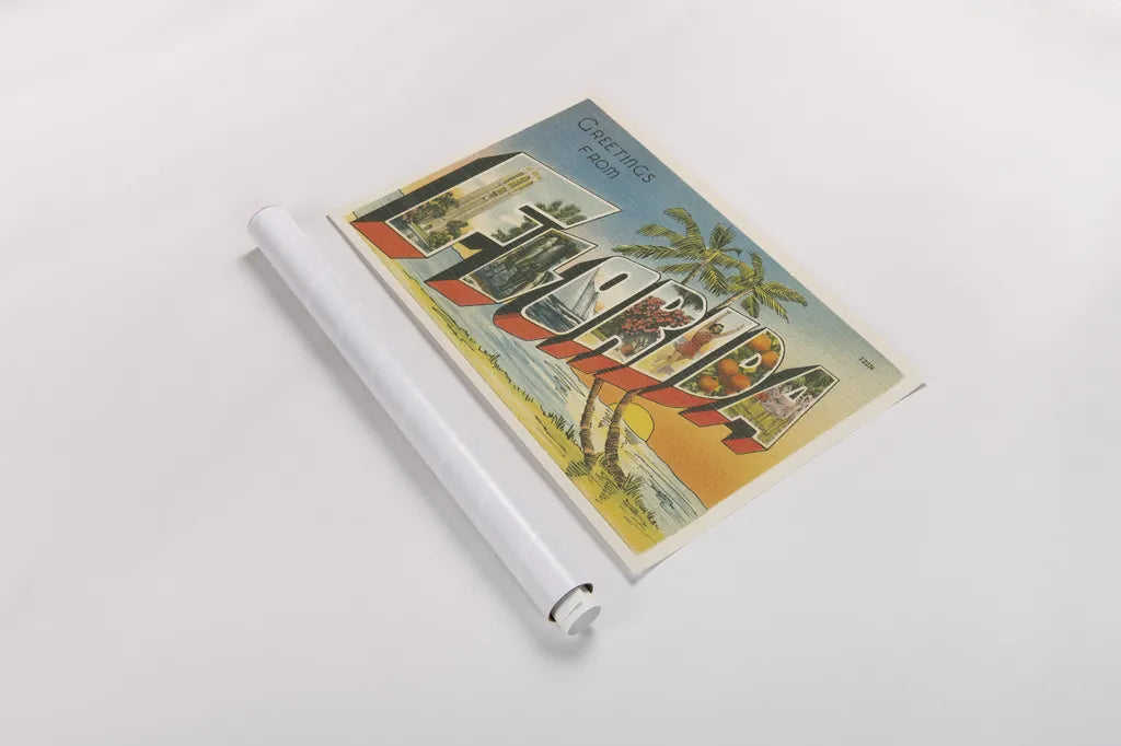 Greetings from Florida v2 by Wild Apple Portfolio. shown as a rolled paper print. Available as archival giclee rolled canvas, fine art paper, or poster print. SKU 45241i.