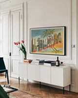 Greetings from Florida v2 by Wild Apple Portfolio. shown as a framed stretched canvas in a living room above a console. Available as a archival giclee rolled canvas, fine art paper, or poster print. SKU 45241i.