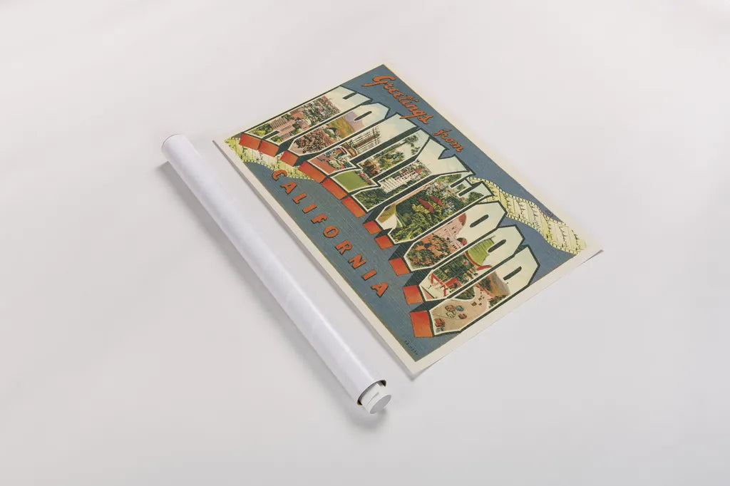 Greetings from Hollywood v2 by Wild Apple Portfolio. shown as a rolled paper print. Available as archival giclee rolled canvas, fine art paper, or poster print. SKU 45240i.