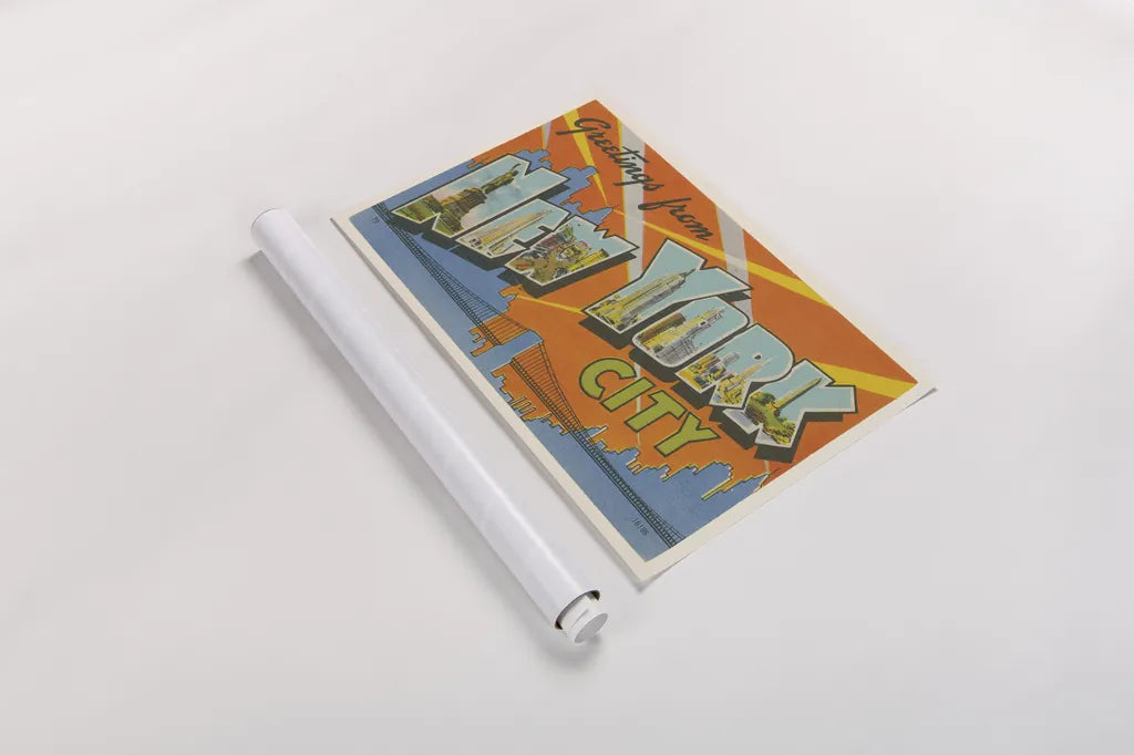 Greetings from New York by Wild Apple Portfolio. shown as a rolled paper print. Available as archival giclee rolled canvas, fine art paper, or poster print. SKU 45242i.