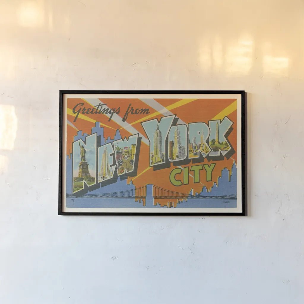 Greetings from New York by Wild Apple Portfolio. shown as a paper print in a black flame. Available as a archival giclee rolled canvas, fine art paper, or poster print. SKU 45242i.