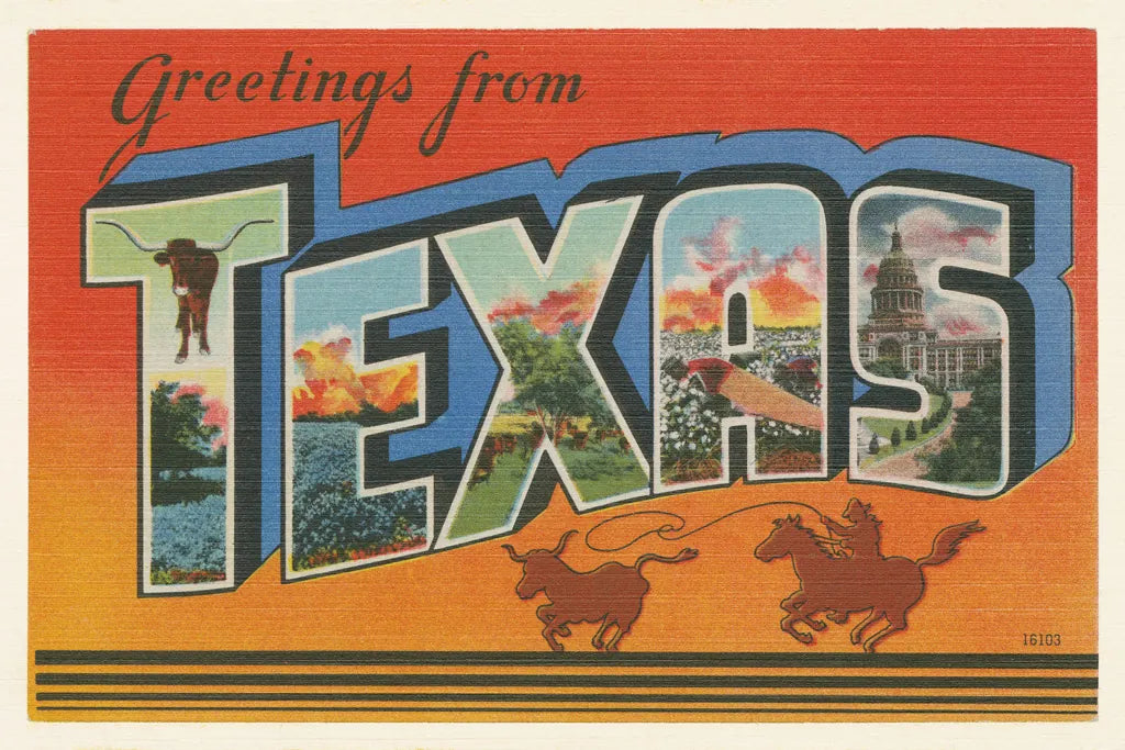 Greetings from Texas v2 by Wild Apple Portfolio. SKU 45243i. Archival Giclee Fine art print for wall decor.