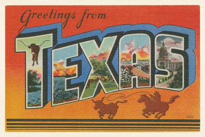 Greetings from Texas v2 by Wild Apple Portfolio. SKU 45243i. Archival Giclee Fine art print for wall decor.